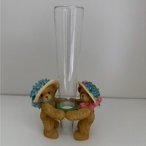 Cherished Teddies Bear Vase with Blue and Pink Floral Hats